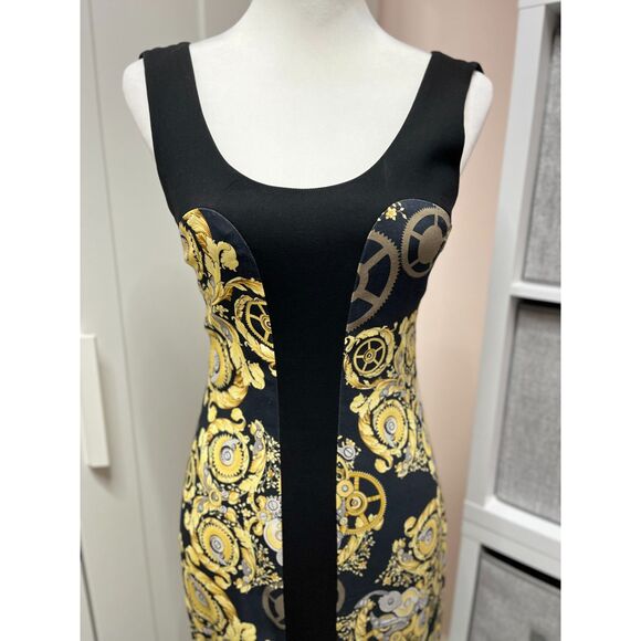 Black Mechanic Print Stretch Paneled Sheath Dress - Picture 7 of 9